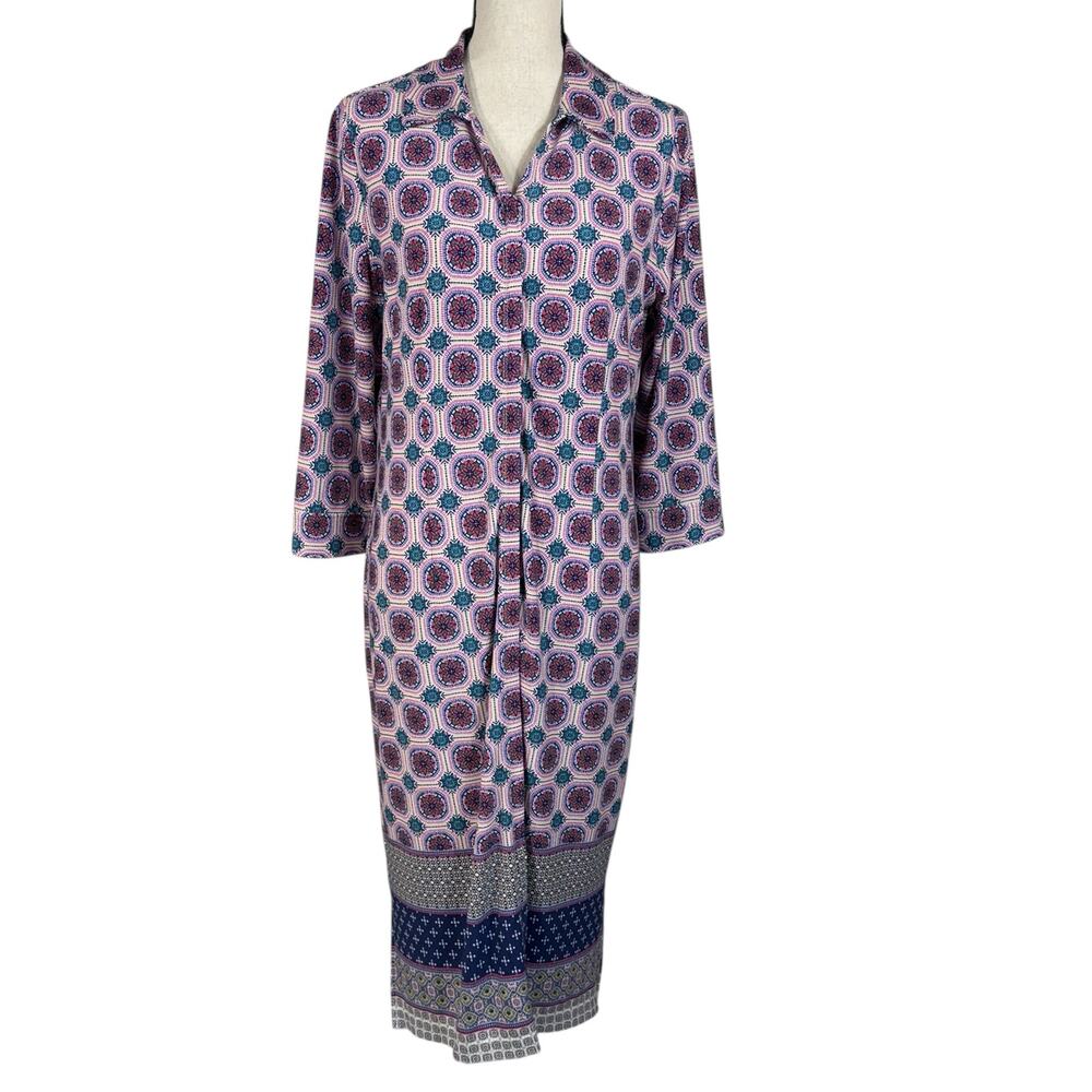Chico’s SZ 1 (8/10) Midi Dress Medallion Button-Up 3/4 Sleeve Stretch V-Neck